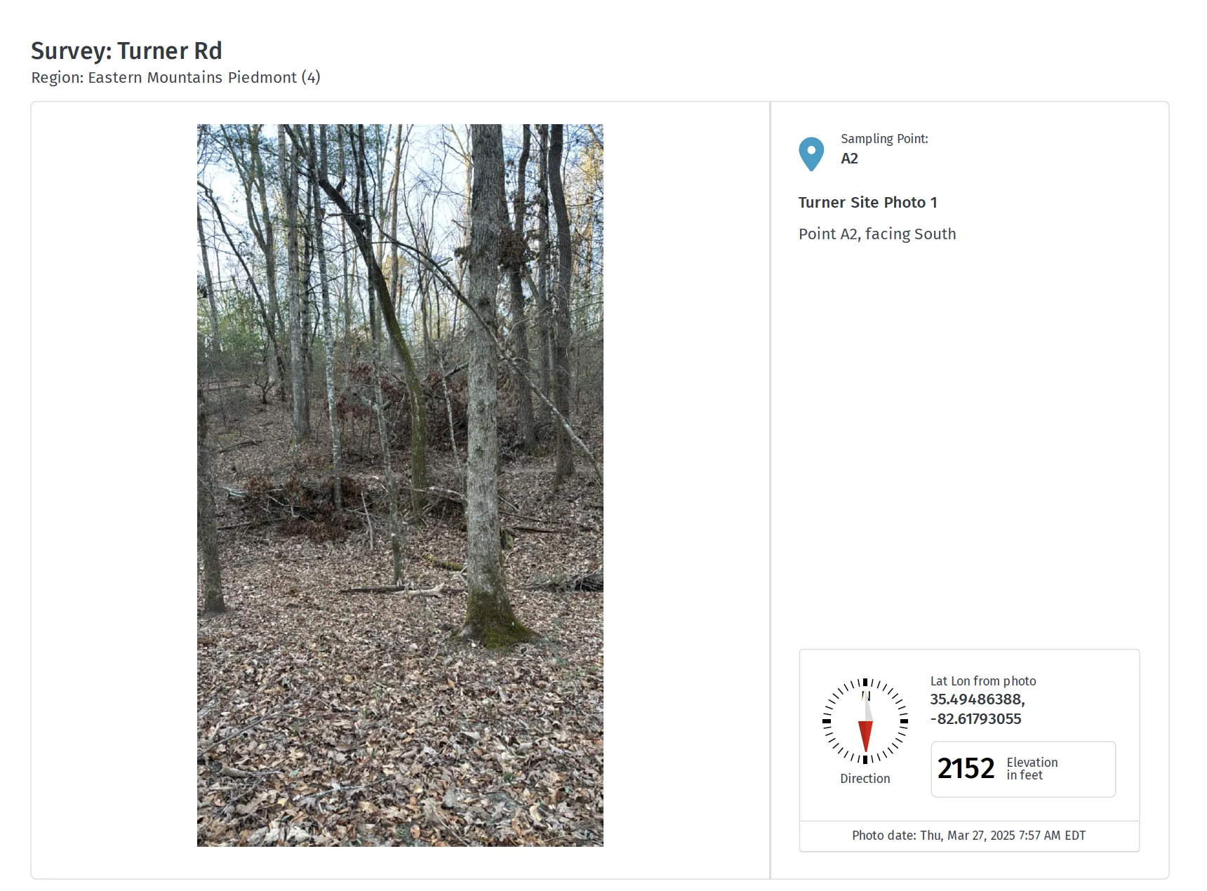 Ecobot photo log detailed format showing 2 photos per page with complete metadata fields including coordinates and direction